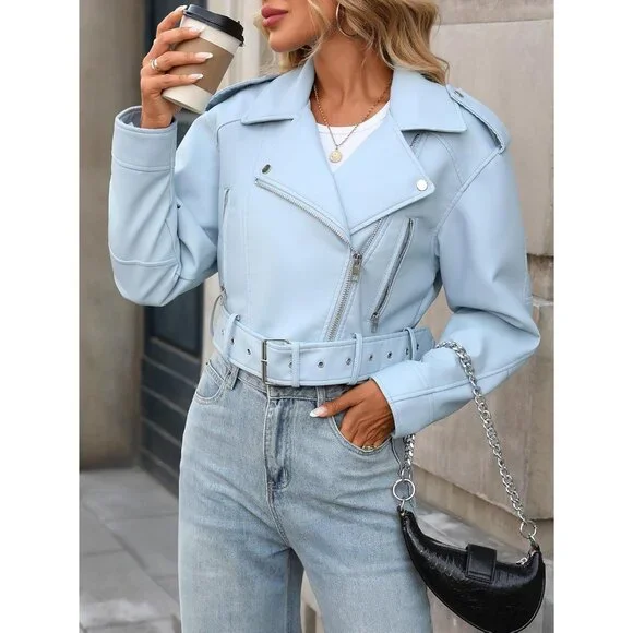 Women's Blue Faux Leather Cropped Jacket Vegan Motor Biker Coat with Belt